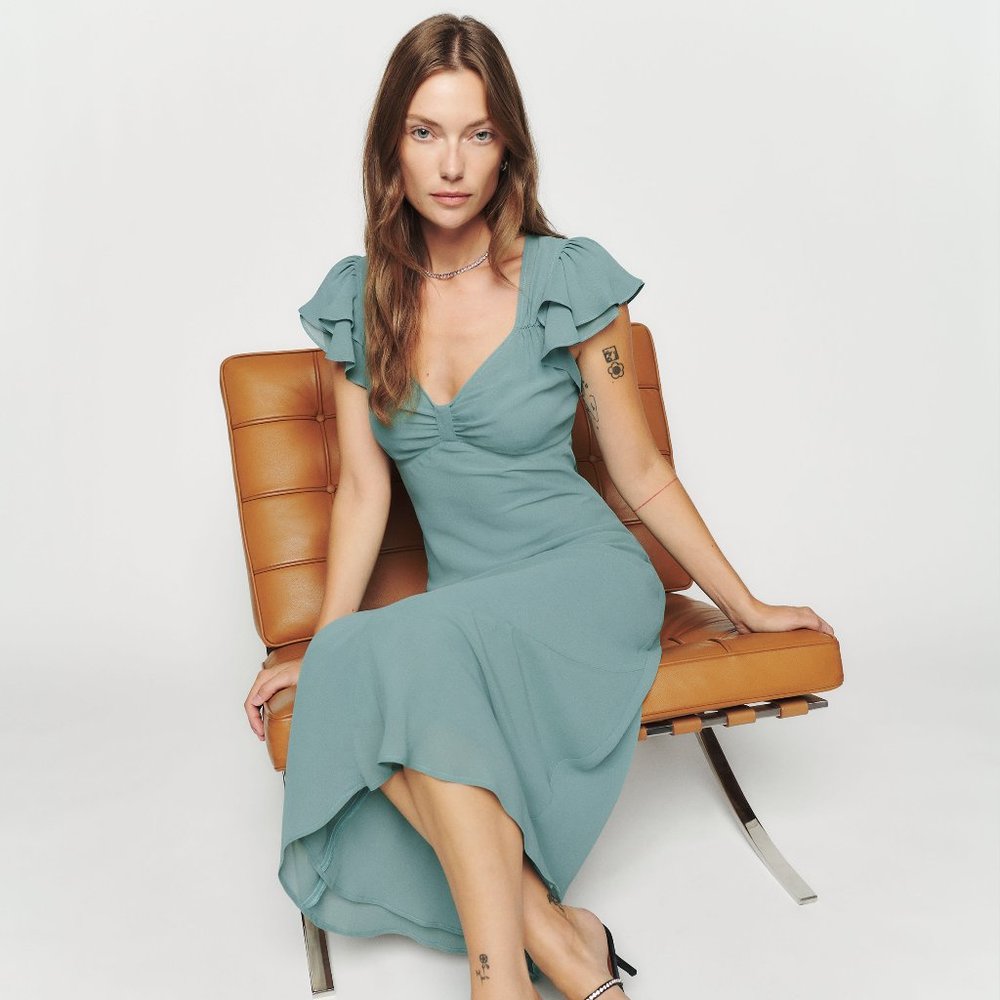 Flutter-Sleeve V-Neck Midi Dress in Sage